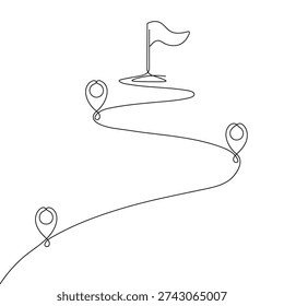Continuous one line path to flag goal success journey concept illustration