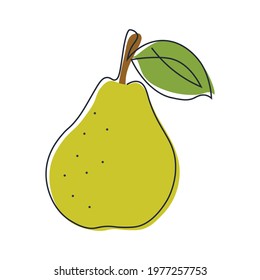 Continuous one line pear vector drawing. Abstract minimalistic style. Drawing a whole fruit with one line. Pear contour with added color. Single line drawing. Illustration on white isolated background