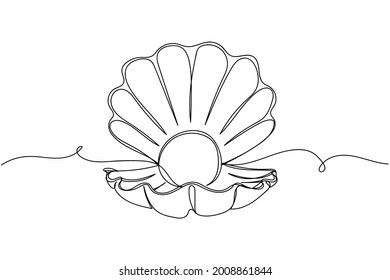 Continuous one line of pearl shell in silhouette on a white background. Linear stylized.Minimalist.