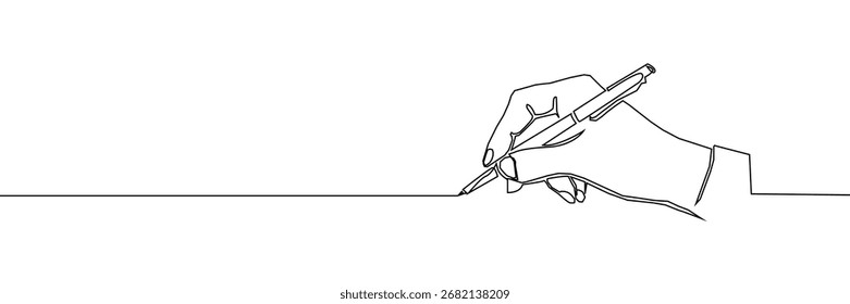 Continuous one line pen hand pencil write one art icon book journal sketch. Sign line pen hand vector signature letter notebook person background contract document single legal white school paper
