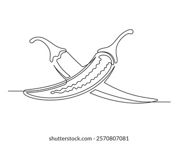 Continuous one line сhili peppers in section isolated on white background. Simple silhouette of vegetable. Hand drawn chili peppers outline. Vector illustration