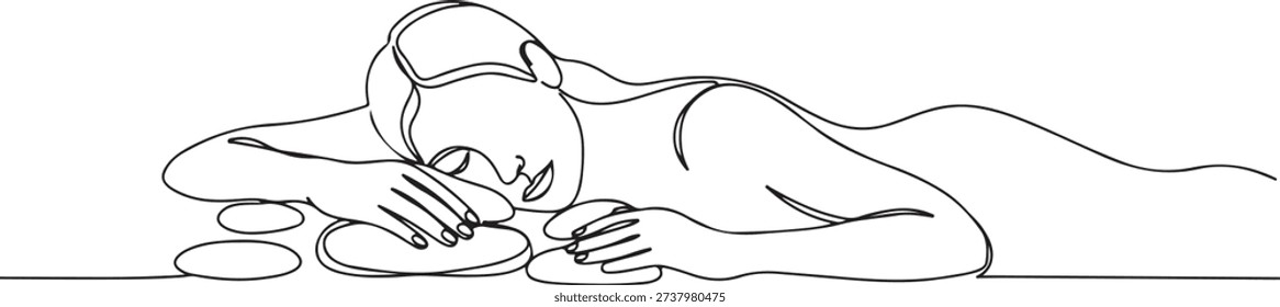 Continuous one line of a person enjoying a hot stone massage, symbolizing wellness and self-care, drawn illustration.