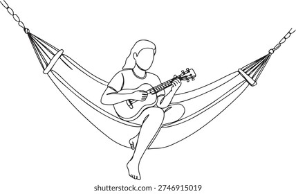 Continuous one line of a person playing the ukulele while sitting in a hammock, depicting a light musical hobby, drawn illustration.