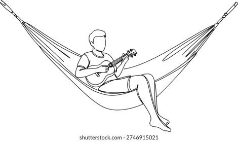 Continuous one line of a person playing the ukulele while sitting in a hammock, depicting a light musical hobby, drawn illustration.