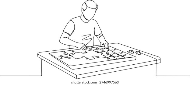 Continuous one line of a person is putting together a large puzzle on the table, depicting a hobby of putting together puzzles, drawn illustration.