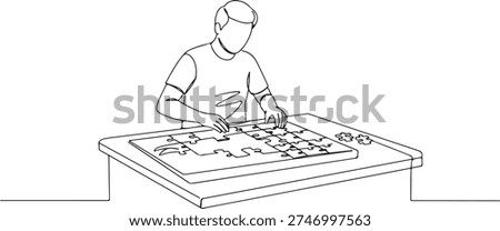 Continuous one line of a person is putting together a large puzzle on the table, depicting a hobby of putting together puzzles, drawn illustration.