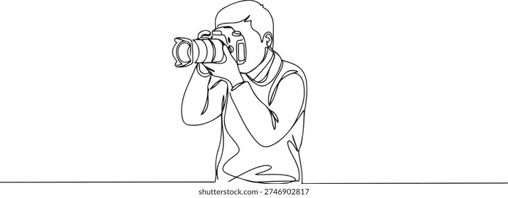Continuous one line of a person is taking pictures with a DSLR camera, depicting a photography hobby, drawn illustration.