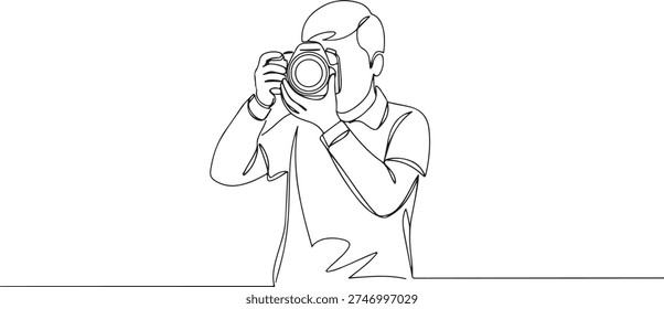 Continuous one line of a person is taking pictures with a DSLR camera, depicting a photography hobby, drawn illustration.