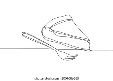 Continuous one line of piece cheesecake in silhouette on a white background. Linear stylized.Minimalist.