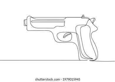 Continuous one line of pistol gun weapon in silhouette. Linear stylized.Minimalist.