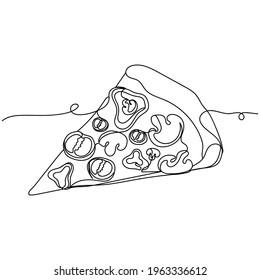 Continuous one line of pizza slice in silhouette. Minimal style. Perfect for cards, party invitations, posters, stickers, clothing. Fast food italiano concept