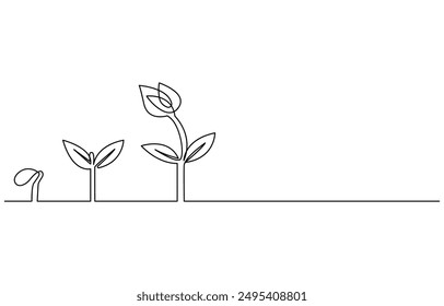 Continuous one line plant growth tree outline vector art drawing, Single line drawing of a plant, Plant growing continuous one line art drawing of tree plant art