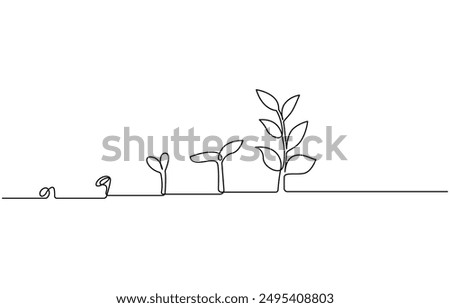 Continuous one line plant growth tree outline vector art drawing, Single line drawing of a plant, Plant growing continuous one line art drawing of tree plant art