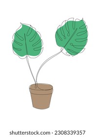 Continuous one line of a plant in a pots.Monstera leaf line art. Tropical leaf one line drawing.Tropical monstera leaf.Single one line leaf .Monstera outline sketch.