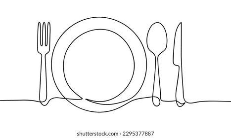 Placa continua de una línea con cubiertos. Tema de la cena de dibujo a mano con plato lineal, cuchara, cuchillo, tenedor para logo. Diseño de boceto simple aislado en el fondo blanco. Ilustración del vector