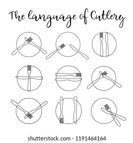Continuous one line plate with fork and knife. Signs Cutlery. Table etiquette. The language of Cutlery. Restaurant business. Design elements for menu. Vector illustration.
