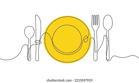 Continuous one line plate. Hand drawn linear tableware spoon fork knife icons simple sketch design. Vector illustration