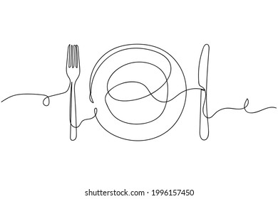 Continuous one line of plate, knife and fork in silhouette on a white background. Linear stylized.Minimalist.