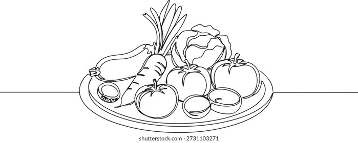Continua una línea de un plato con verduras, que representa la cocina saludable, Ilustración vectorial dibujada.