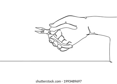 Continuous one line of pliers work tool in hand in silhouette on a white background. Linear stylized.Minimalist.