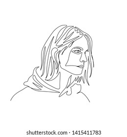 Continuous one line portrait of man in hoody with long hair. Art