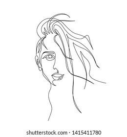 Continuous one line portrait of woman with beautiful long hair. Art