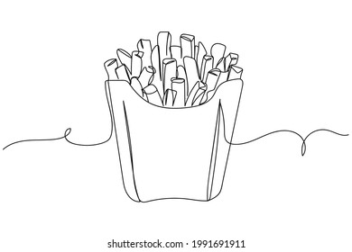 Continuous one line of potatoes french fries in silhouette on a white background. Linear stylized.Minimalist.