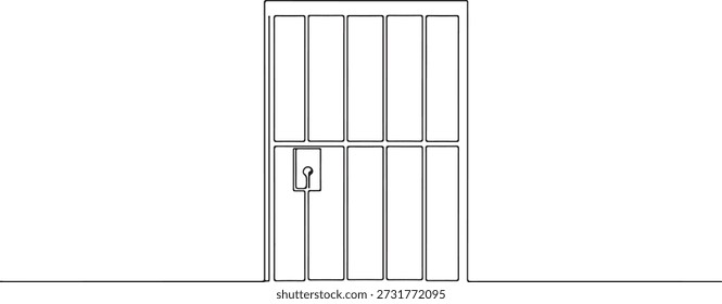 Continuous one line of a prison cell door with bars, law and justice art, drawn vector illustration.