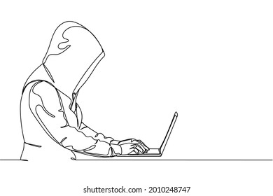 Continuous one line of profession hacker using laptop in silhouette on a white background. Linear stylized.Minimalist.