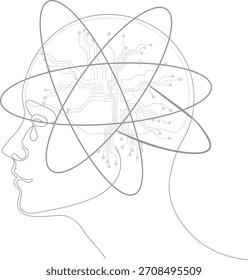 Perfil continuo de una línea de una región cerebral de la cara humana llena de circuitos fluidos y símbolos de puntos cuánticos.