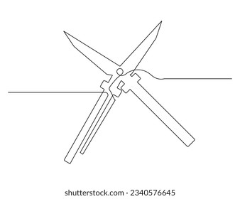 Continuous one line of pruning shears garden secateur in silhouette. Linear stylized. Minimalist.