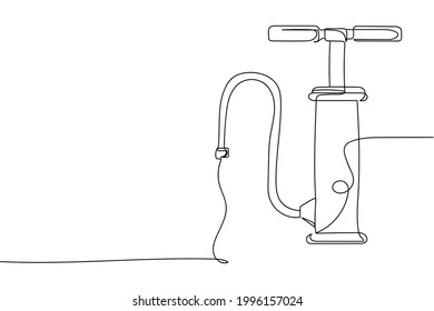 Continuous one line of pump with handle and hose machine tool in silhouette on a white background. Linear stylized.Minimalist.