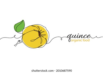 Continuous one line of quince with leaf organic food in silhouette on a white background. Linear stylized.Minimalist.