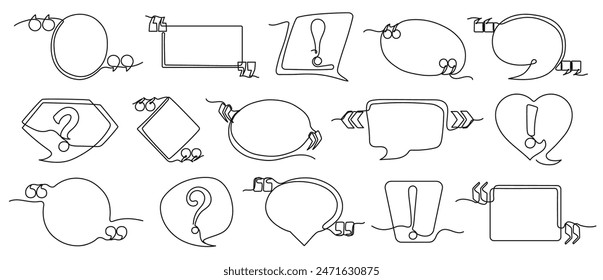 Continuous one line quote frames. Hand drawn speech and thought bubbles with exclamation points, question and quotation marks vector set