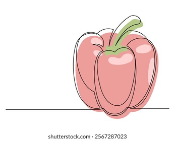 Continuous one line red bell pepper isolated on white background. Simple vegetable silhouette. Hand drawn bell pepper outline. Vector illustration