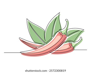 Continuous one line red chili peppers with leaves isolated on white background. Simple vegetable silhouette. Hand drawn chili peppers outline. Vector illustration