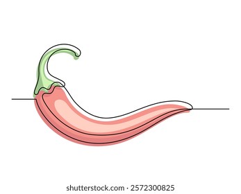 Continuous one line red chili pepper isolated on white background. Simple vegetable silhouette. Hand drawn chili pepper outline. Vector illustration