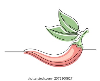 Continuous one line red chili pepper with leaves isolated on white background. Simple vegetable silhouette. Hand drawn chili pepper outline. Vector illustration