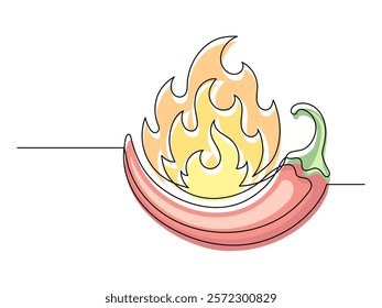 Continuous one line red chili pepper with fire isolated on white background. Simple vegetable silhouette. Hand drawn chili pepper outline. Vector illustration