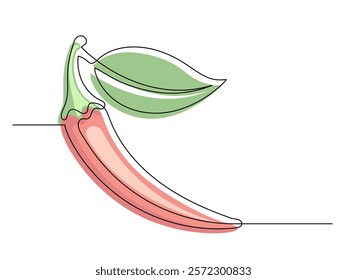 Continuous one line red chili pepper with leaf isolated on white background. Simple vegetable silhouette. Hand drawn chili pepper outline. Vector illustration