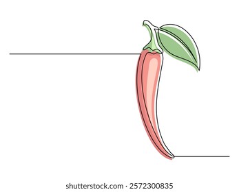 Continuous one line red chili pepper with leaf isolated on white background. Simple vegetable silhouette. Hand drawn chili pepper outline. Vector illustration