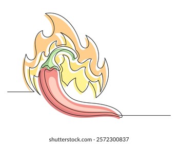 Continuous one line red chili pepper with fire isolated on white background. Simple vegetable silhouette. Hand drawn chili pepper outline. Vector illustration