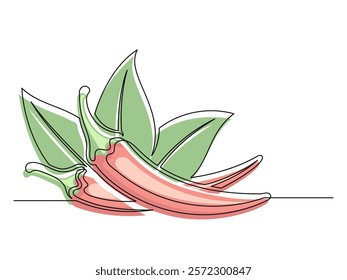 Continuous one line red chili peppers with leaves isolated on white background. Simple vegetable silhouette. Hand drawn chili peppers outline. Vector illustration