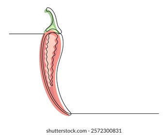 Continuous one line red сhili pepper in section isolated on white background. Simple silhouette of vegetable. Hand drawn chili pepper outline. Vector illustration