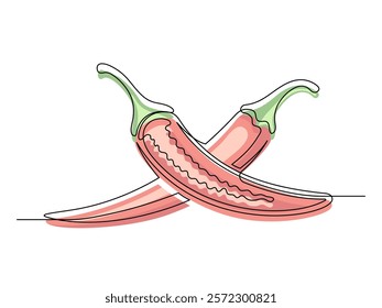 Continuous one line red сhili peppers in section isolated on white background. Simple silhouette of vegetable. Hand drawn chili peppers outline. Vector illustration