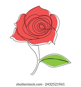 Continuous one line red rose flower outline vector art illustration on white background Pro Vector