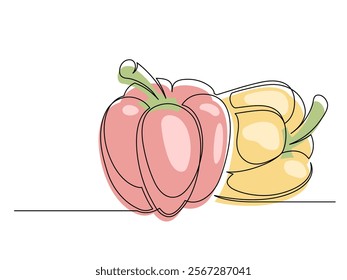 Continuous one line red and yellow bell peppers isolated on white background. Simple vegetables silhouette. Hand drawn bell peppers outline. Vector illustration