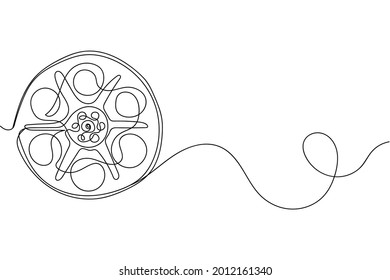 Una línea continua de rollo de película de imagen en movimiento de mm en silueta sobre un fondo blanco. Linear estilizado.Minimalista.