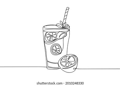 Continuous one line of refreshing summer drink lemonade in silhouette on a white background. Linear stylized.Minimalist.