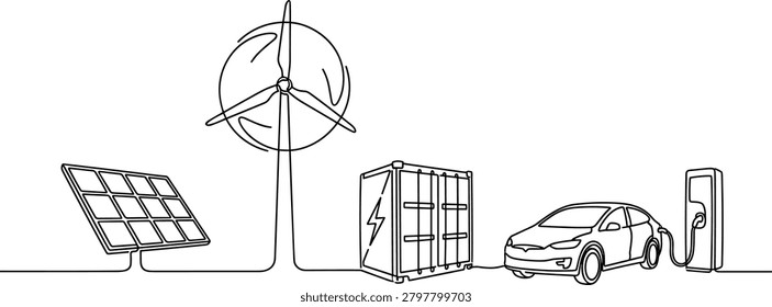 Continuous One Line Renewable Energy Illustration with Solar Panel Wind Turbine Battery Storage and Electric Vehicle Charging